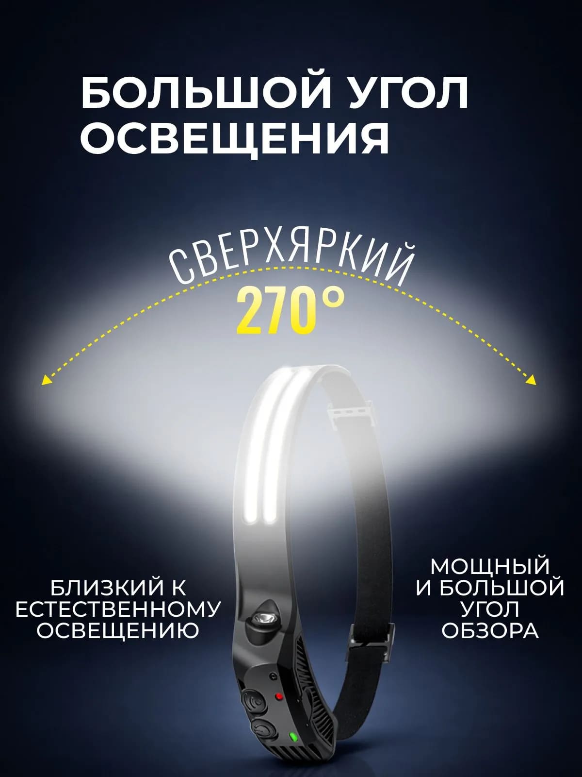 Фонарь налобный аккумуляторный, светодиодный, управление жестами, угол освещения 270º, тип АКБ 18650 (1200mAh), разъем зарядки Type-c, цвет черный