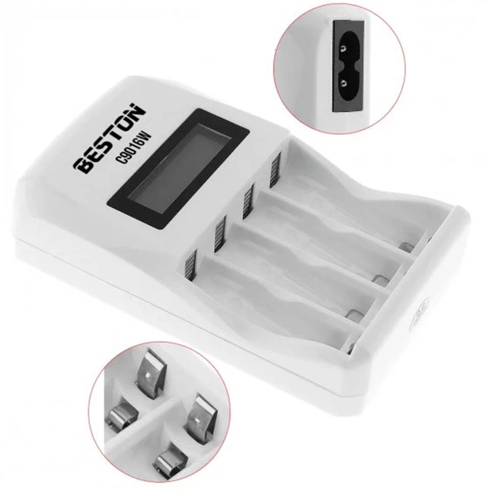 Зарядное устройство BESTON C9016W, для аккумуляторов AAAx4, AAx4, дисплей с индикацией заряда, цвет белый