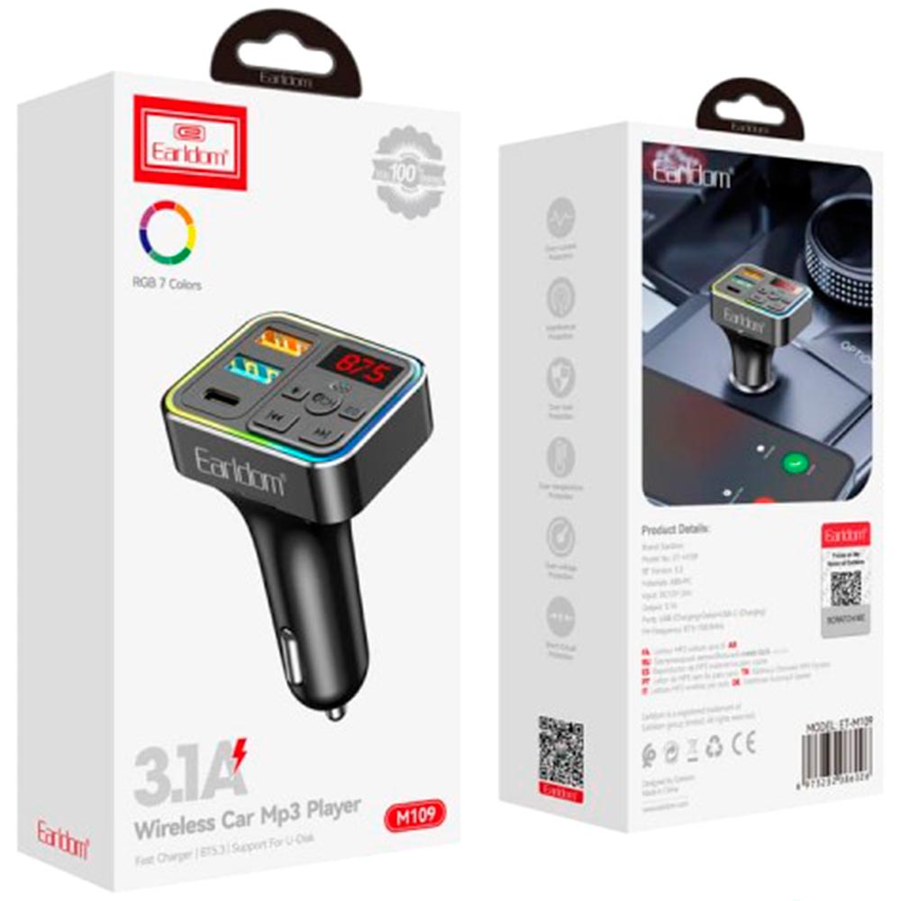 FM трансмиттер EARLDOM ET-M109, 3.1A, Bluetooth 5.3, 2 USB, 1 Type-C, TF Card, RGB подсветка, цвет черный