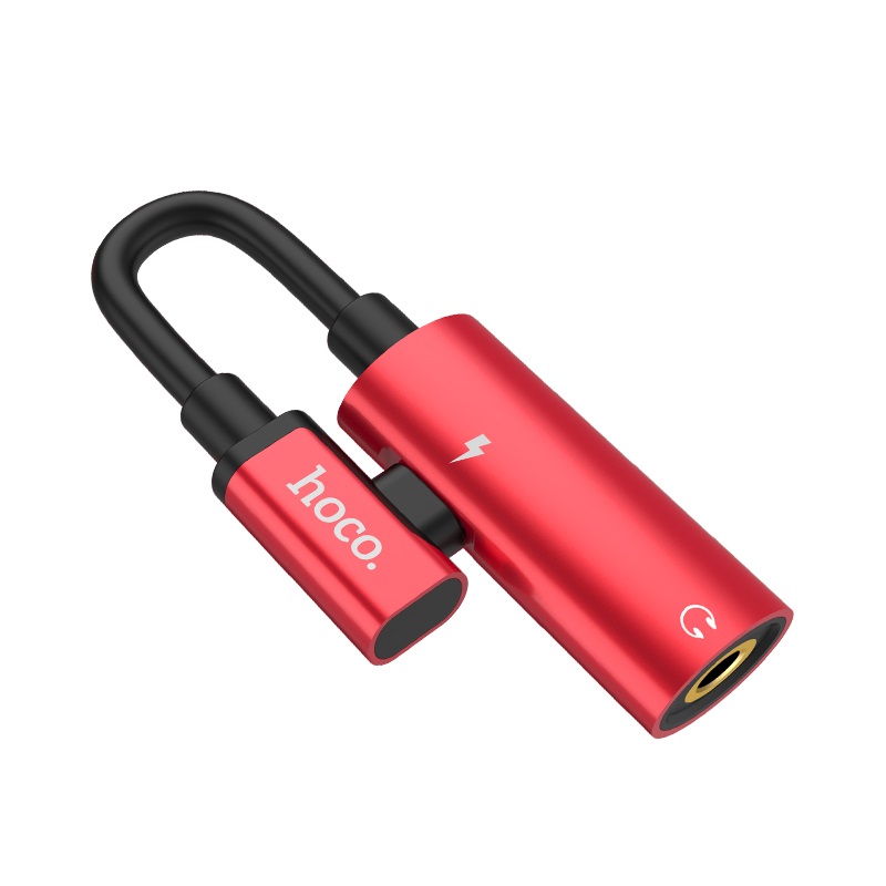 HOCO LS19 адаптер / переходник, аудио конвертер 2 в 1 Type-C на наушники jack 3.5 и USB Type-C 1.5A, цвет красный.