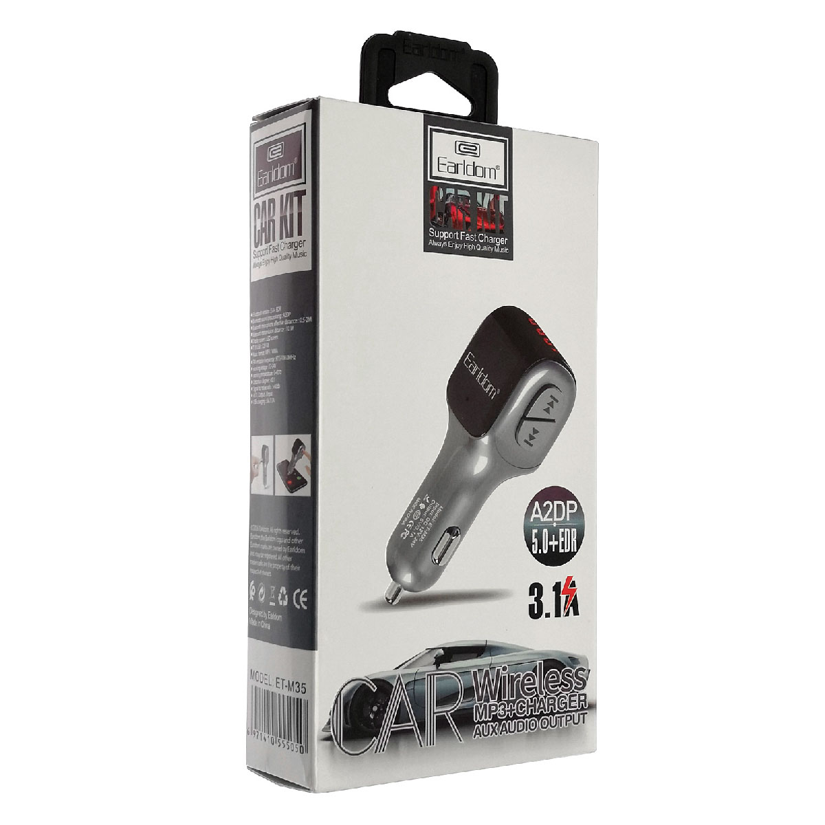 FM трансмиттер, модулятор Earldom ET-M35, Bluetooth, 2 USB, пластик, цвет серебряный.