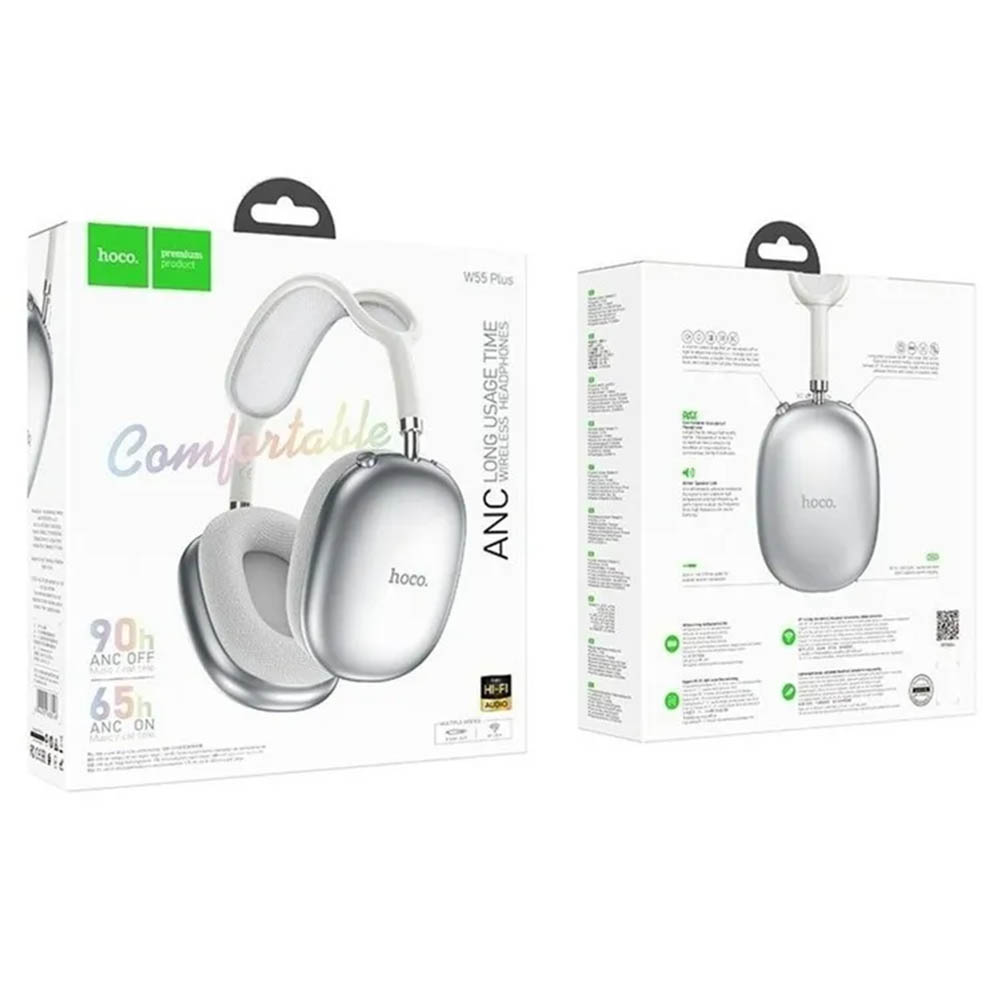 Гарнитура (наушники с микрофоном) беспроводная, полноразмерная, HOCO W55 Plus, ANC, цвет серебристый