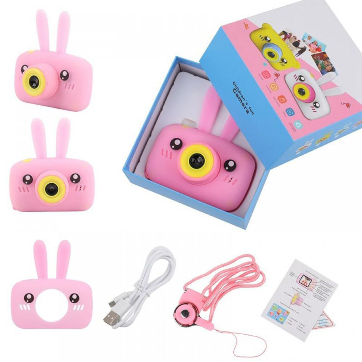 Детский цифровой фотоаппарат (игрушка), портативный, Зайчик, цвет розовый