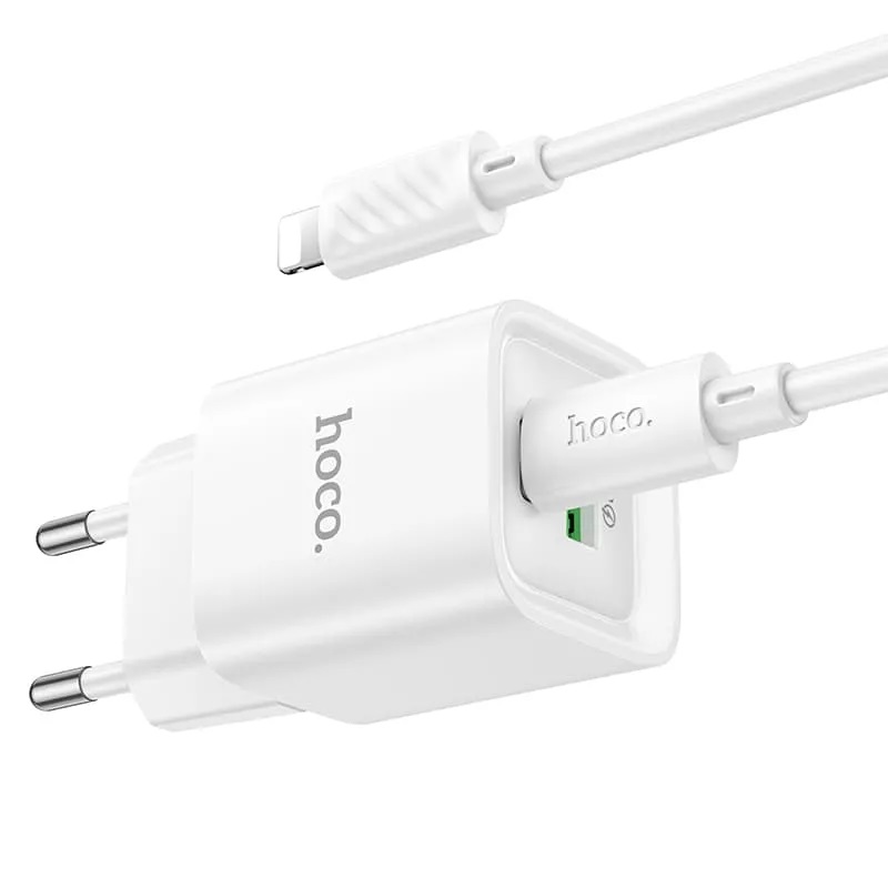 СЗУ (Сетевое зарядное устройство) с кабелем Type-C на Lightning 8-pin HOCO C147A, 1 USB 18W, 1 USB Type C 20W, PD20W, QC3.0, длина кабеля 1 метр, цвет белый
