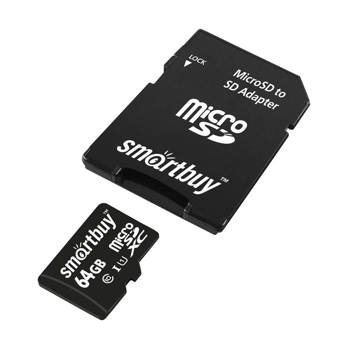Карта памяти MicroSDXC 64GB SMARTBUY Class 10 UHS-I, SD адаптер, цвет черный