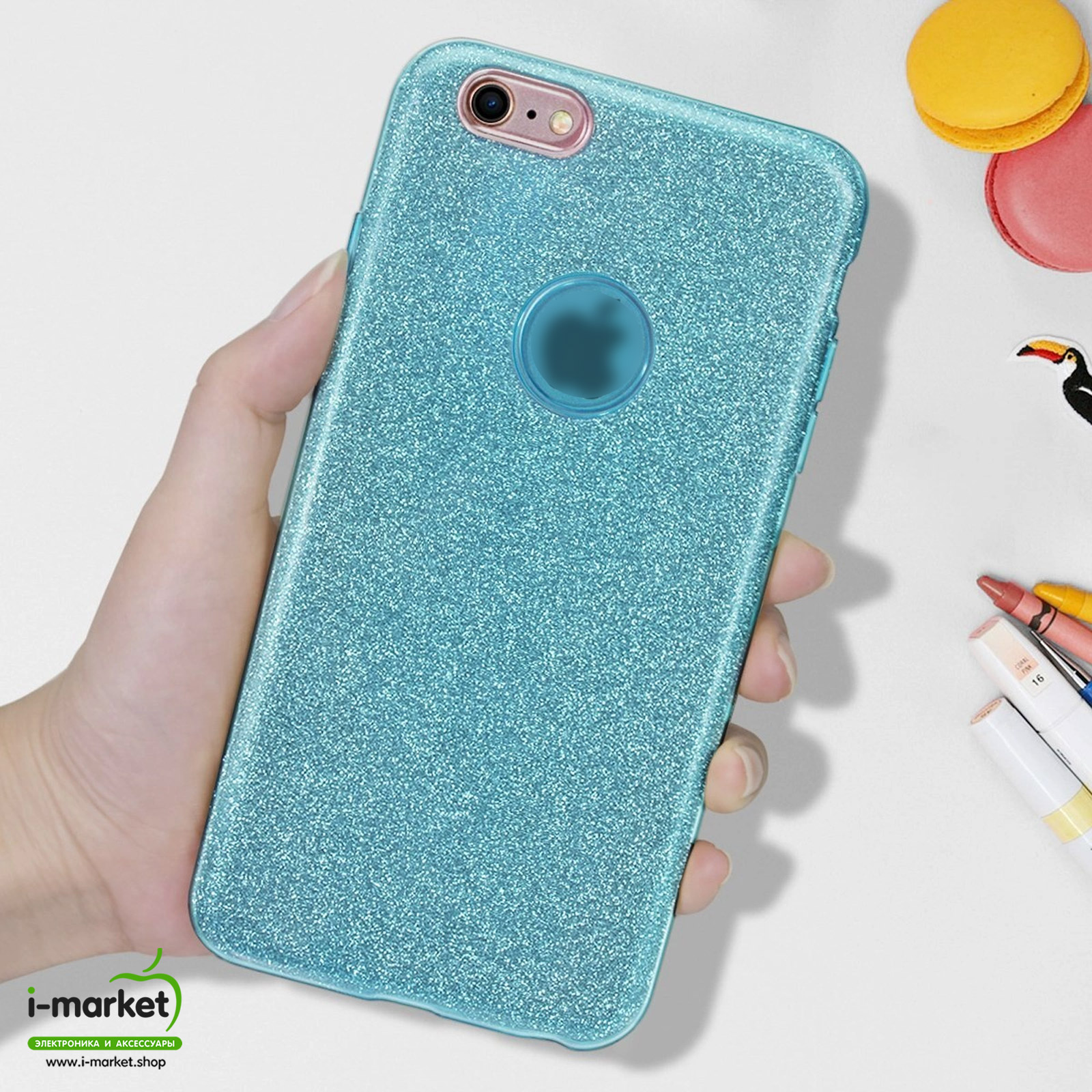 Чехол накладка Shine для APPLE iPhone 6 Plus, 6S Plus, силикон, блестки, цвет голубой