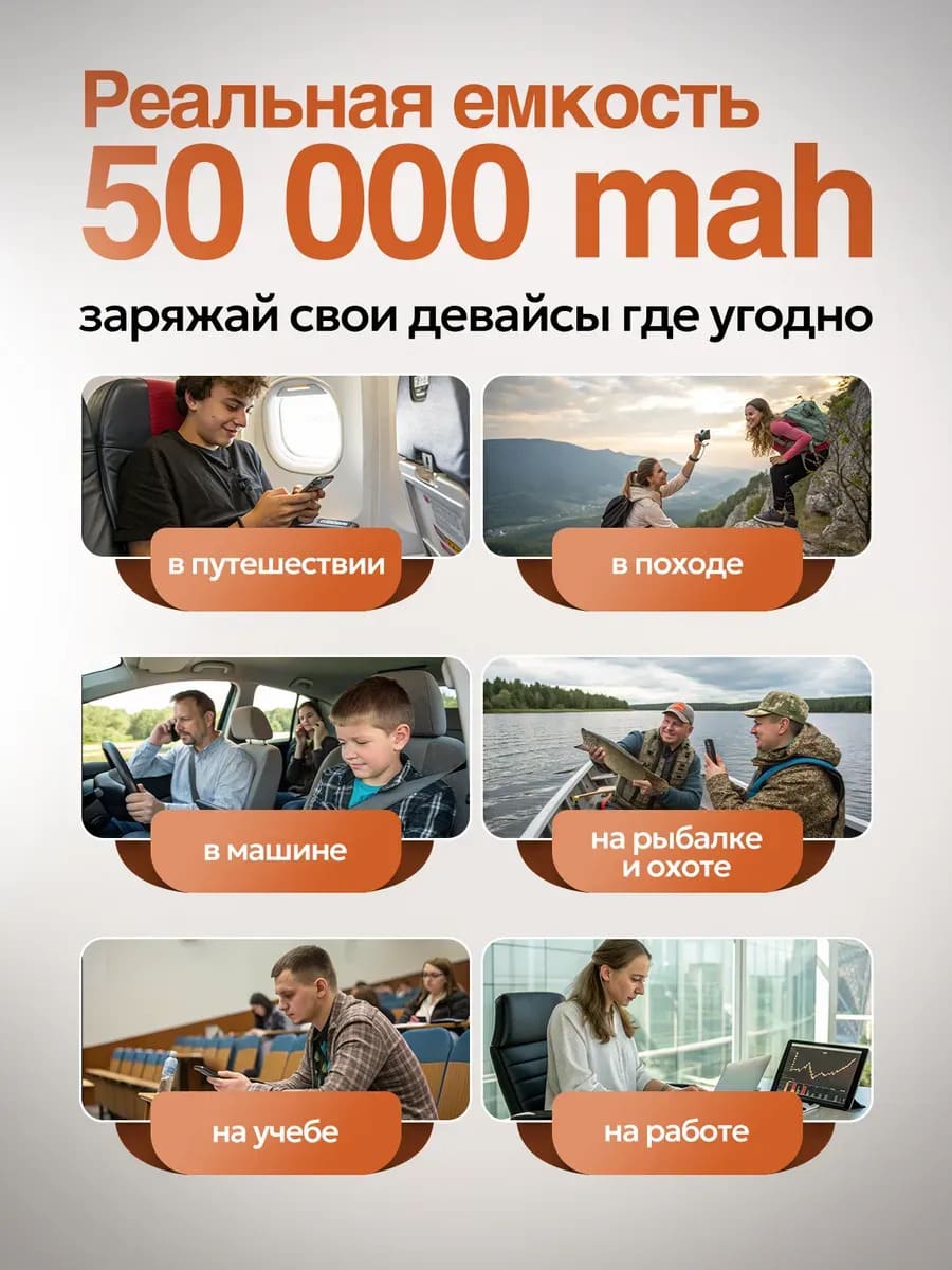 Внешний портативный аккумулятор, Power Bank GAIDI, 50000 mAh, LED дисплей, PD20W, QC3.0, 4 встроенных провода: lightning, micro, USB и type-C, цвет черный