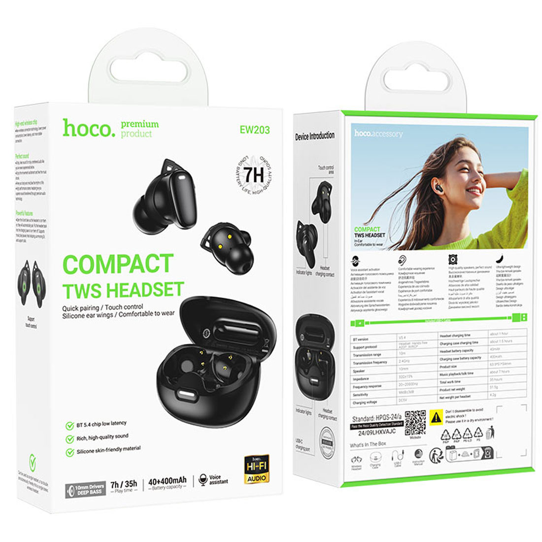 Гарнитура (наушники с микрофоном) беспроводная, HOCO EW203 Jinny, цвет черный