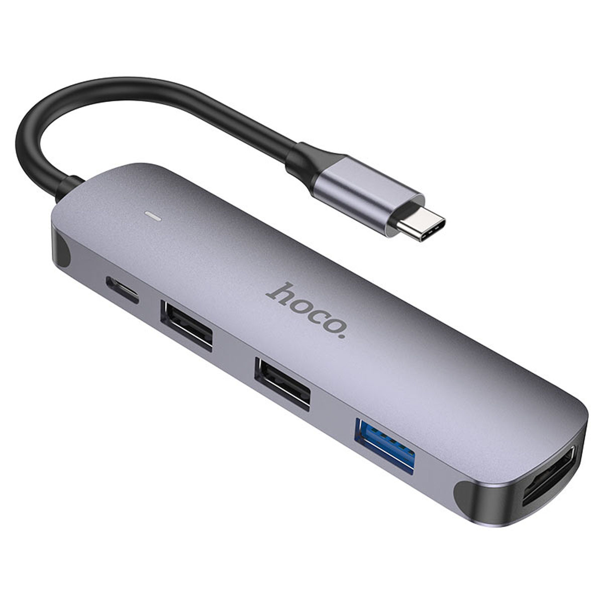 Хаб концентратор, адаптер, HOCO HB27 USB Type C на 2 USB 2.0, 1 USB 3.0, 1 HDMI, 1 USB Type C, 60W, QC3.0, цвет темно серебристый