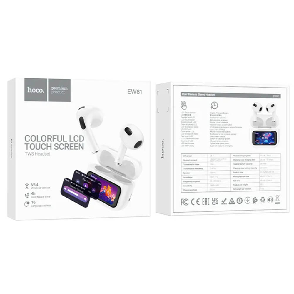 Гарнитура (наушники с микрофоном) беспроводная, HOCO EW81, сенсорный дисплей, цвет белый