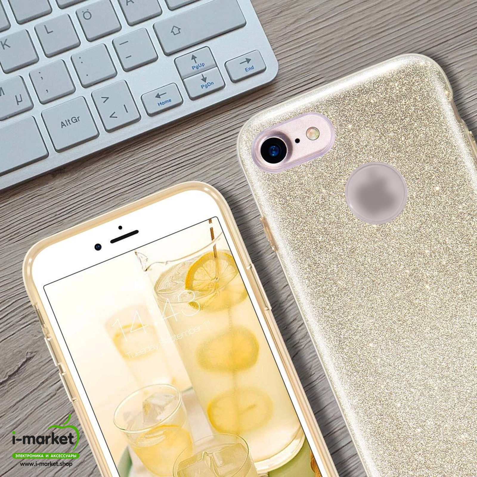 Чехол накладка Shine для APPLE iPhone 7, iPhone 8, силикон, блестки, цвет золотистый