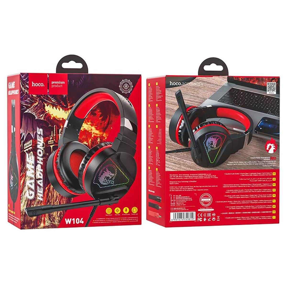 Игровая гарнитура (наушники с микрофоном) проводная, полноразмерная, HOCO W104 Drift, RGB подсветка, цвет красный