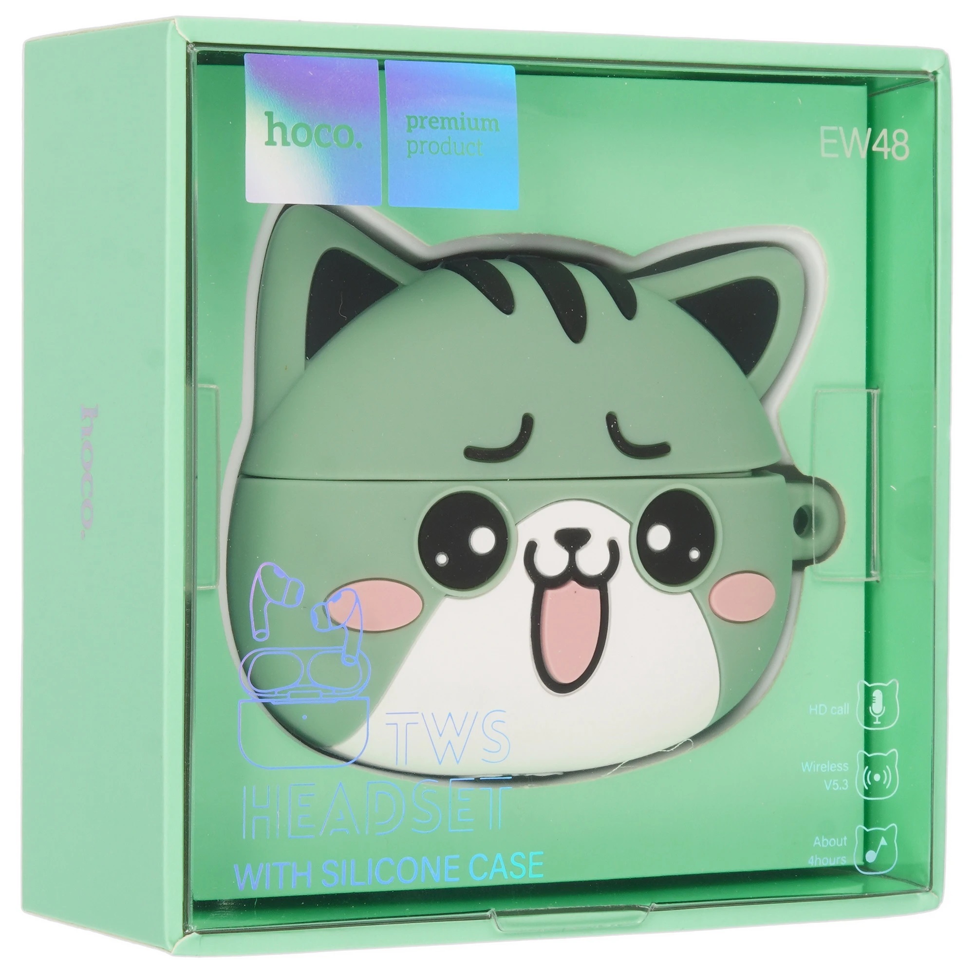Гарнитура (наушники с микрофоном) беспроводная TWS HEADSET, HOCO EW48 Mint Cat, с силиконовым футляром зеленый кот