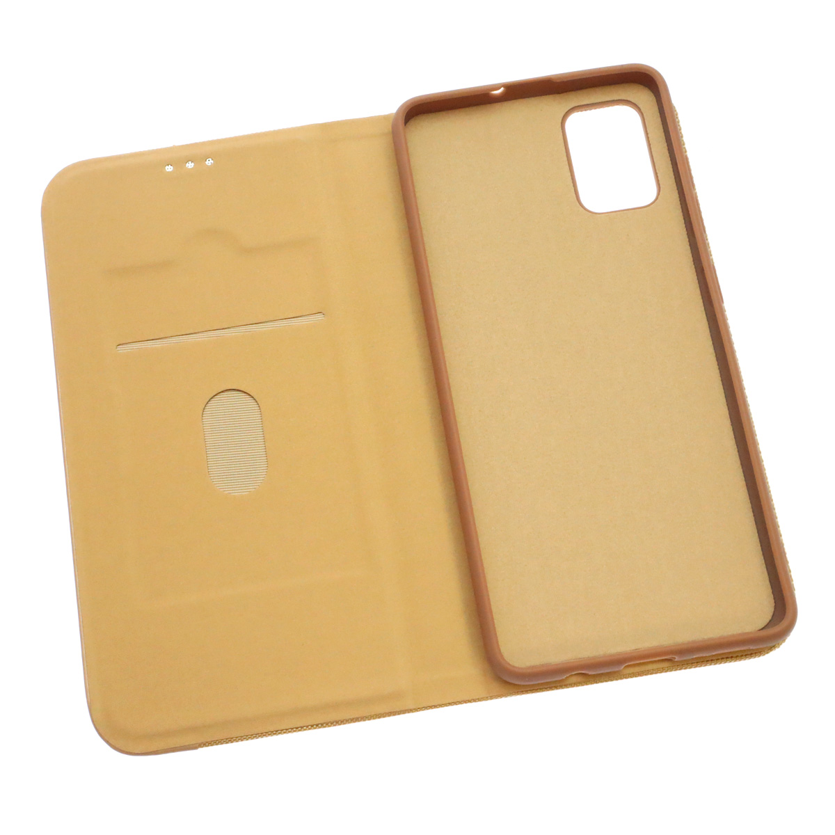 Чехол книжка MESH для SAMSUNG Galaxy A51 (SM-A515F), текстиль, силикон, бархат, визитница, цвет золотистый