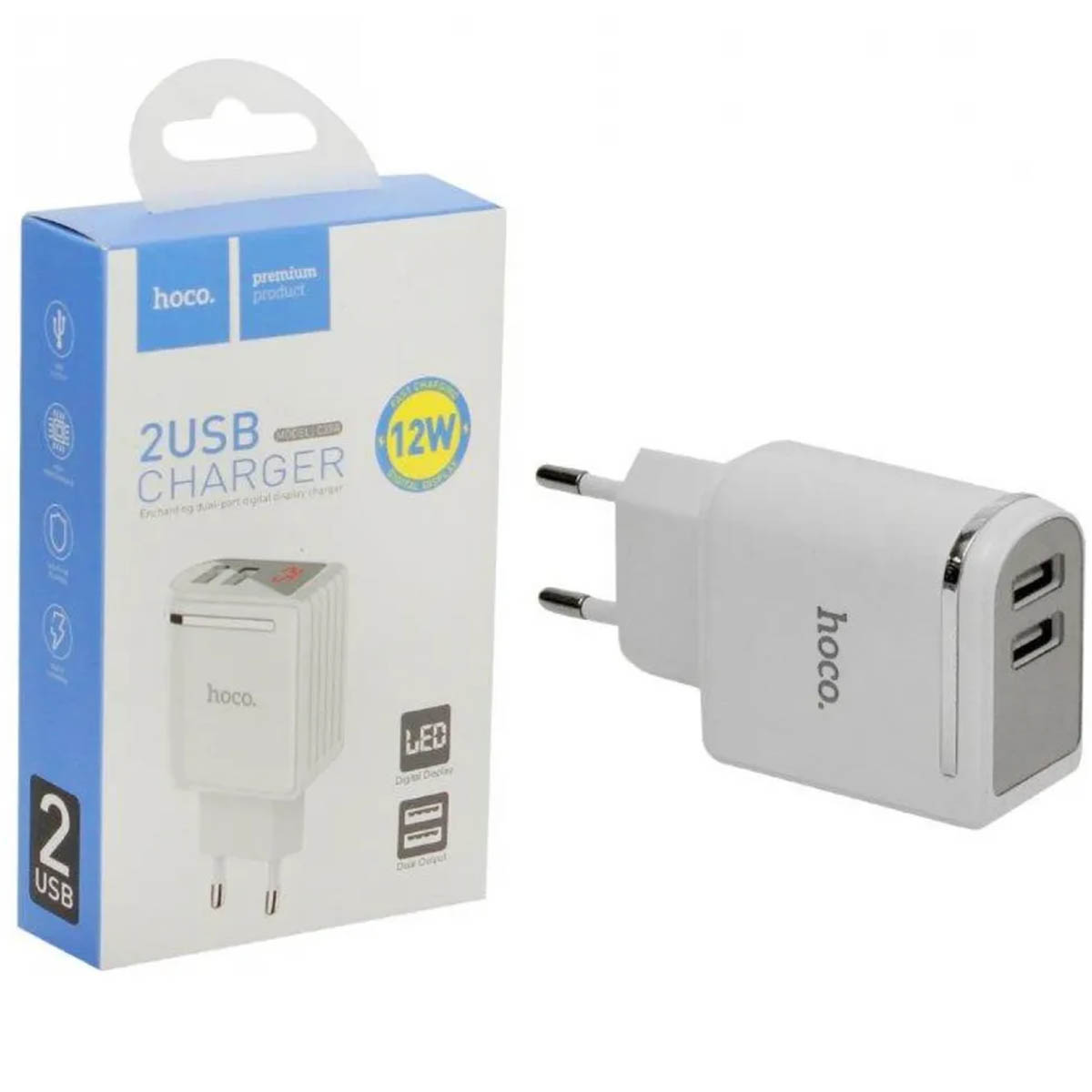 СЗУ (Сетевое зарядное устройство) HOCO C39A, 12W, 2.4A, 2 USB, Led дисплей, цвет белый