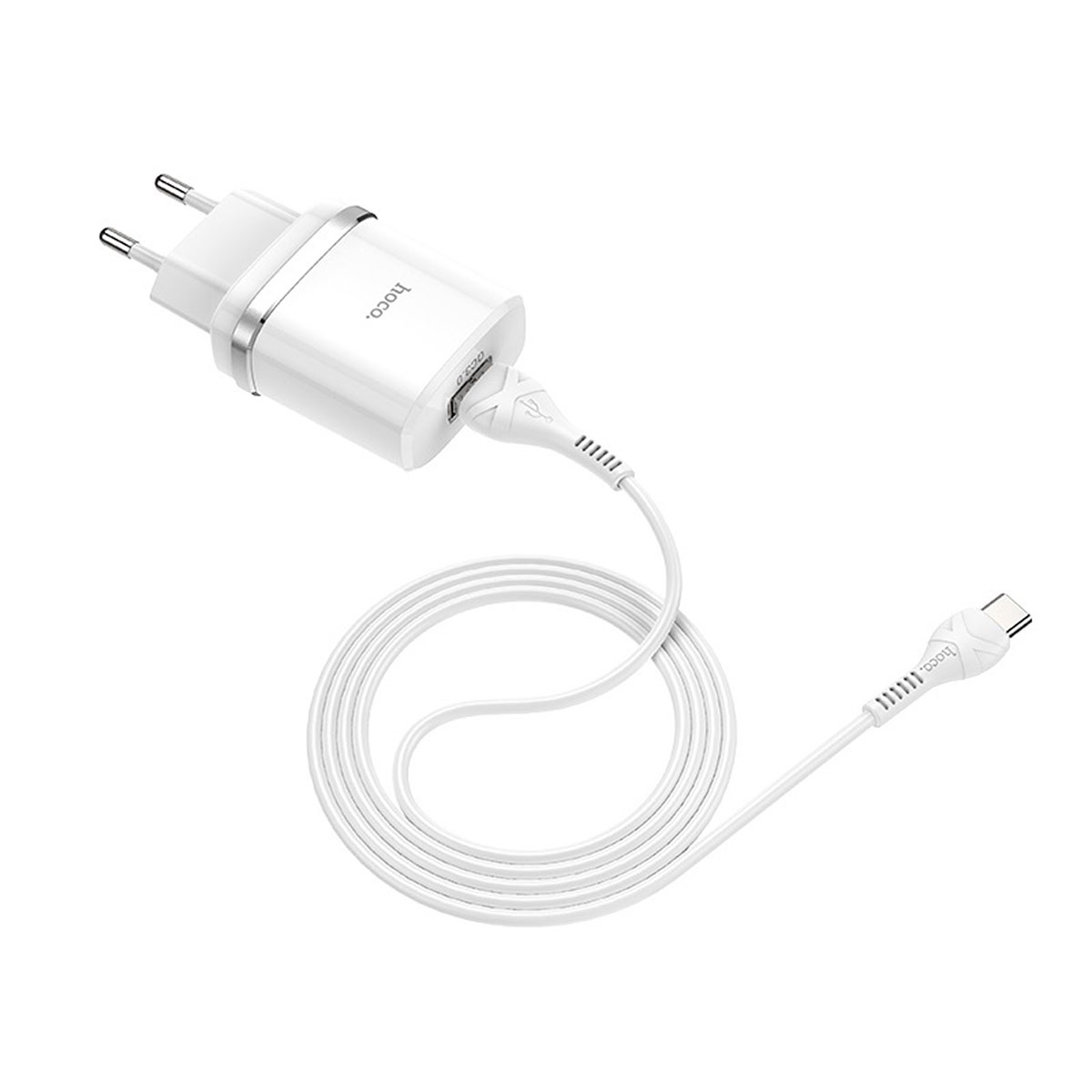 СЗУ (Сетевое зарядное устройство) HOCO C12Q Smart с кабелем USB Type C, 3A, 1 USB, QC3.0, длина 1 метр, цвет белый