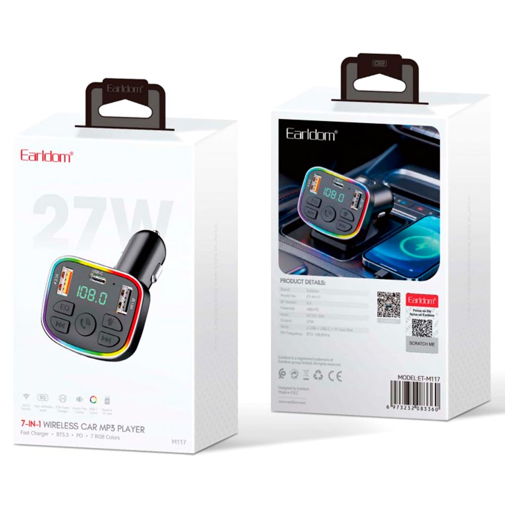 FM трансмиттер EARLDOM ET-M117 27W, Bluetooth 5.3, 2 USB, 1 Type-C, TF Card, RGB подсветка, цвет черный