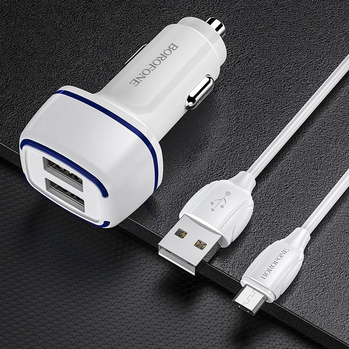 АЗУ (Автомобильное зарядное устройство) BOROFONE BZ14 Max c кабелем Micro USB, 2.4А, 12W, 2 USB, 1 метр, цвет белый