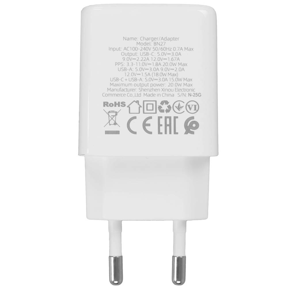 СЗУ (Сетевое зарядное устройство) BOROFONE BN27 Fuente, 20W, 3A, GaN, 1 USB, QC3.0, 1 TYPE-C, PD20W, цвет белый