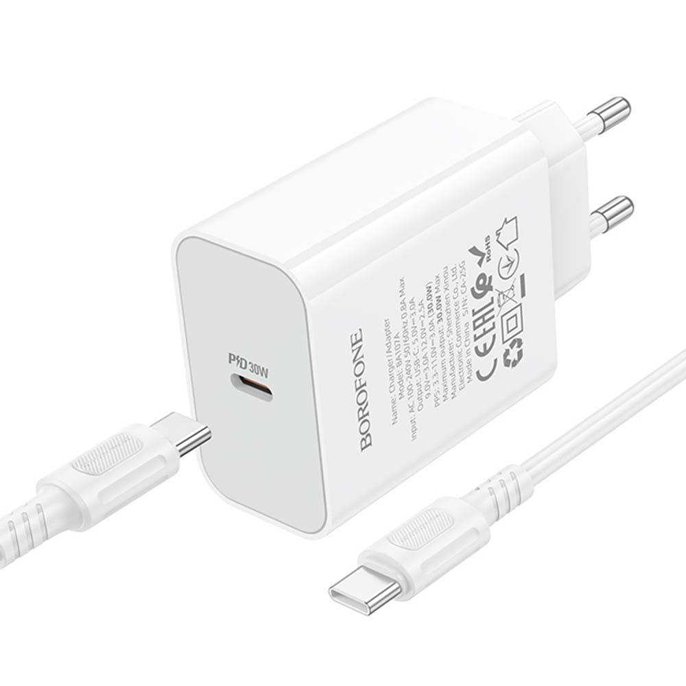 СЗУ (Сетевое зарядное устройство) BOROFONE BA107A с кабелем Type-C - Type-C, 30W, 1 USB Type C, PD30W, QC3.0, длина 1 метр, цвет белый