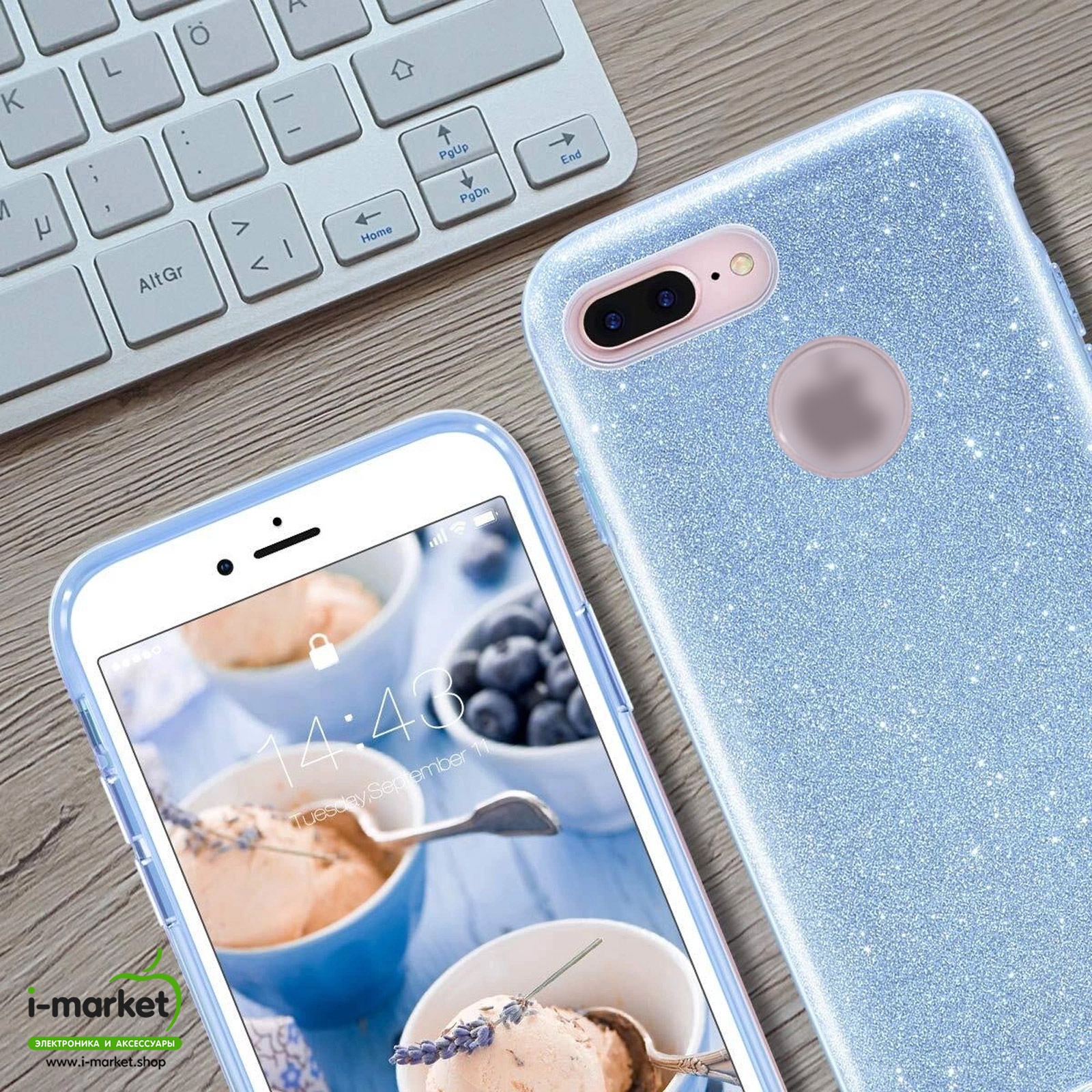 Чехол накладка Shine для APPLE iPhone 7 Plus, iPhone 8 Plus, силикон, блестки, цвет голубой