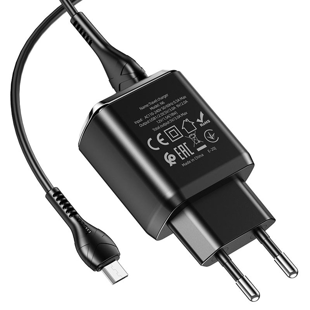 СЗУ (Сетевое зарядное устройство) HOCO N6 Charmer с кабелем Micro USB, длина кабеля 1 метр, цвет черный