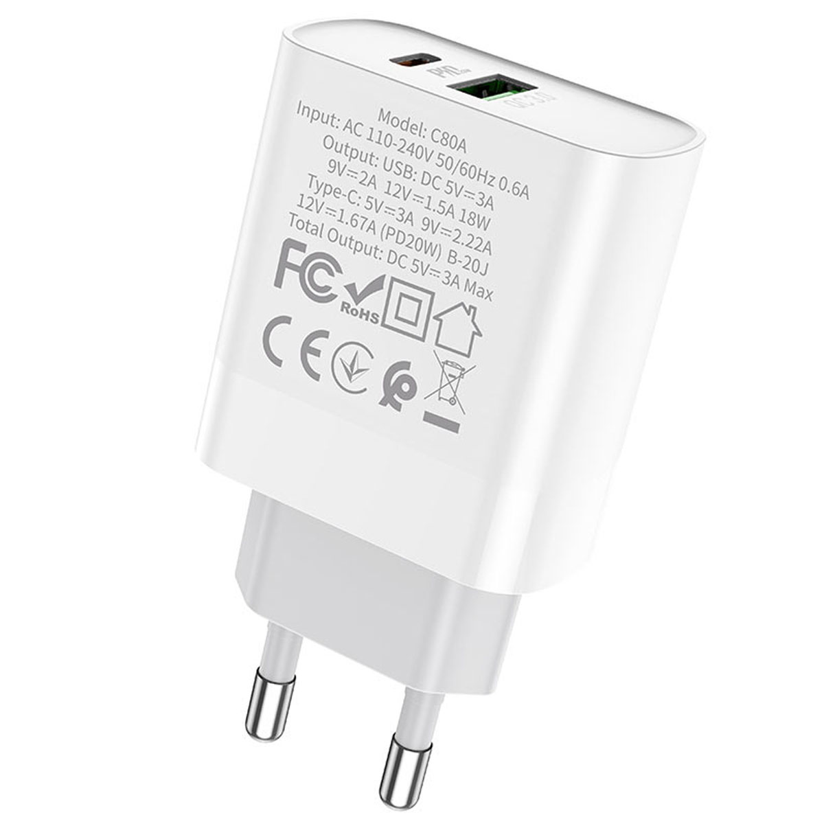 СЗУ (Сетевое зарядное устройство) HOCO C80A Rapido, 20W, 1 USB Type C, 1 USB, QC3.0, PD20W, цвет белый
