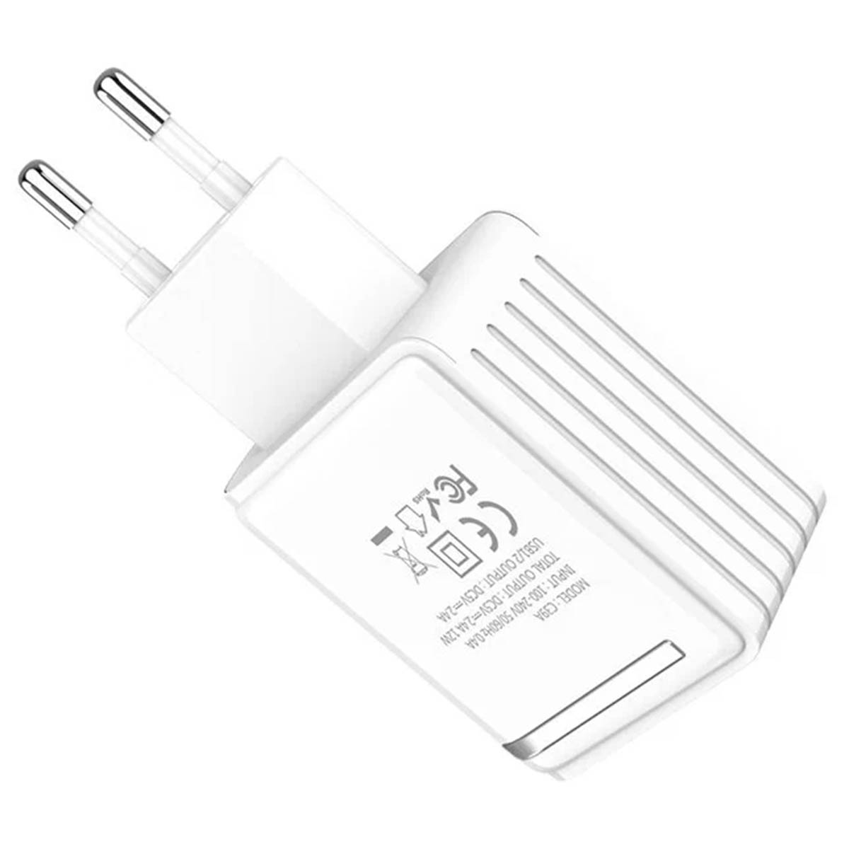 СЗУ (Сетевое зарядное устройство) HOCO C39A, 12W, 2.4A, 2 USB, Led дисплей, цвет белый