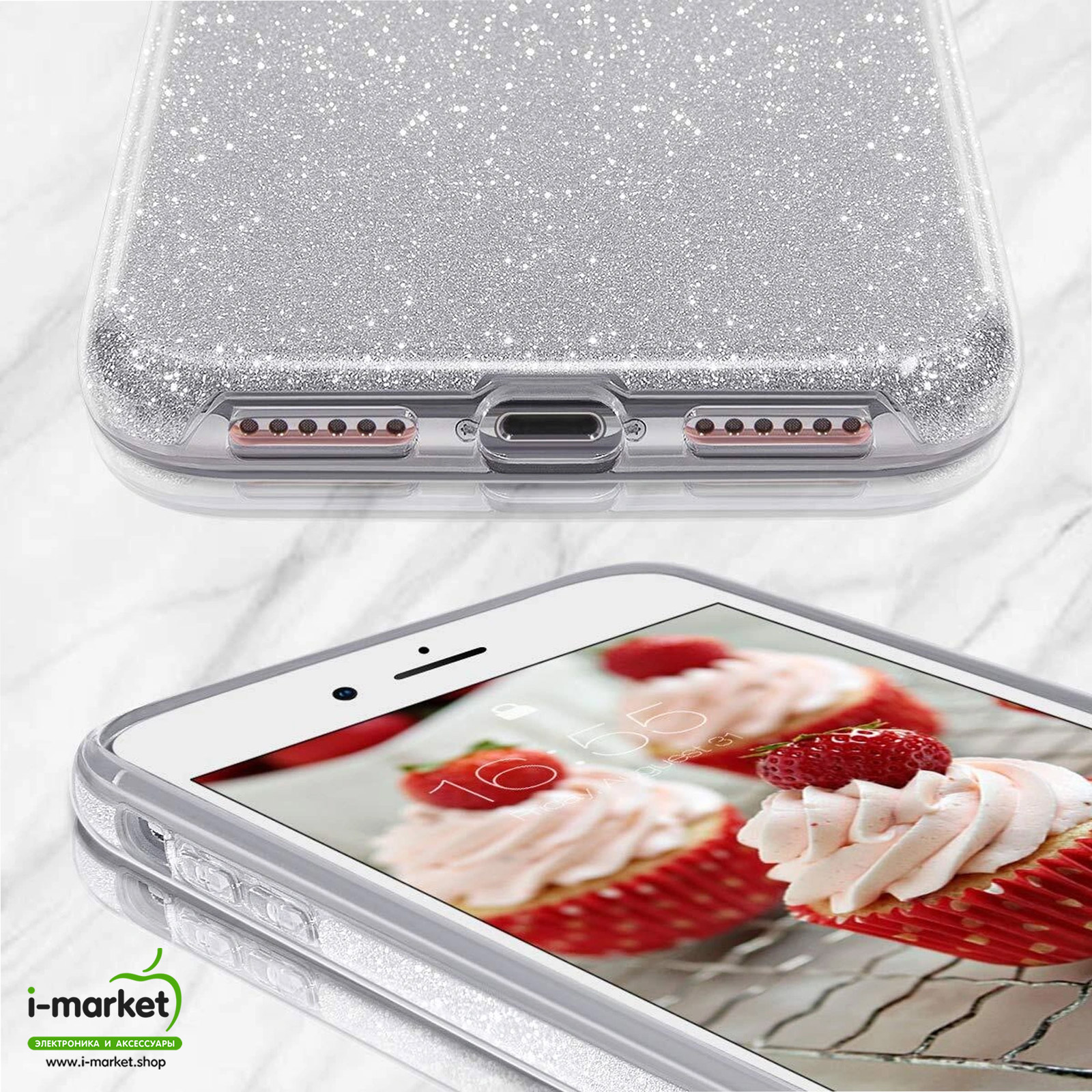 Чехол накладка Shine для APPLE iPhone 6 Plus, 6S Plus, силикон, блестки, цвет серебристый