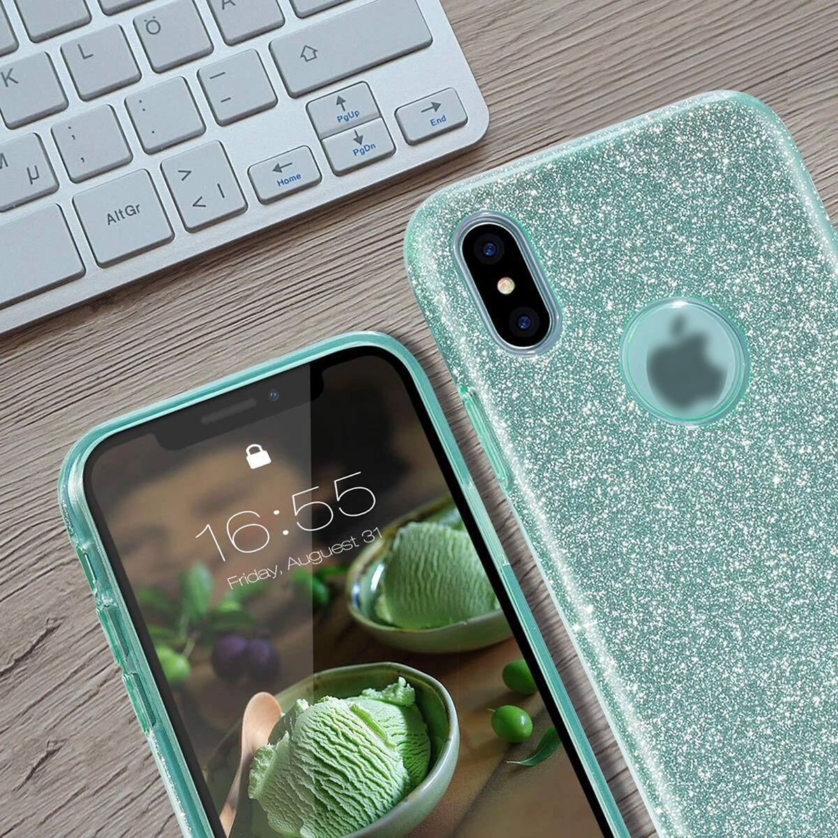 Чехол накладка Shine для APPLE iPhone XS MAX, силикон, блестки, цвет зеленый