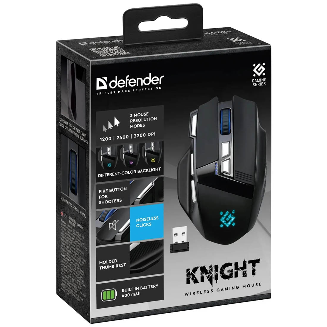 Мышь беспроводная DEFENDER Knight GM-885, игровая, оптическая, 3200 DPI, LED подсветка, аккумулятор, бесшумные клавиши, цвет черный
