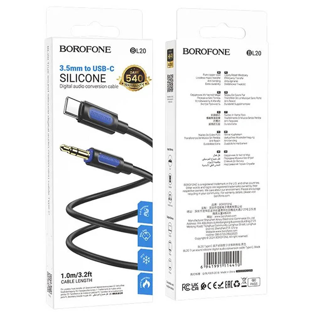 Аудио кабель, переходник BOROFONE BL20 True AUX (Jack 3.5 мм) на USB Type C, длина 1 метр, цвет черный