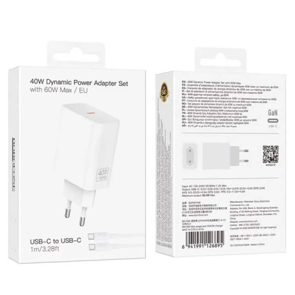 СЗУ (Сетевое зарядное устройство) BOROFONE BA109A Star с кабелем Type C на Type C, 60W Max, 1 USB Type C, PD40W, QC3.0, GaN, длина 1 метр, цвет белый
