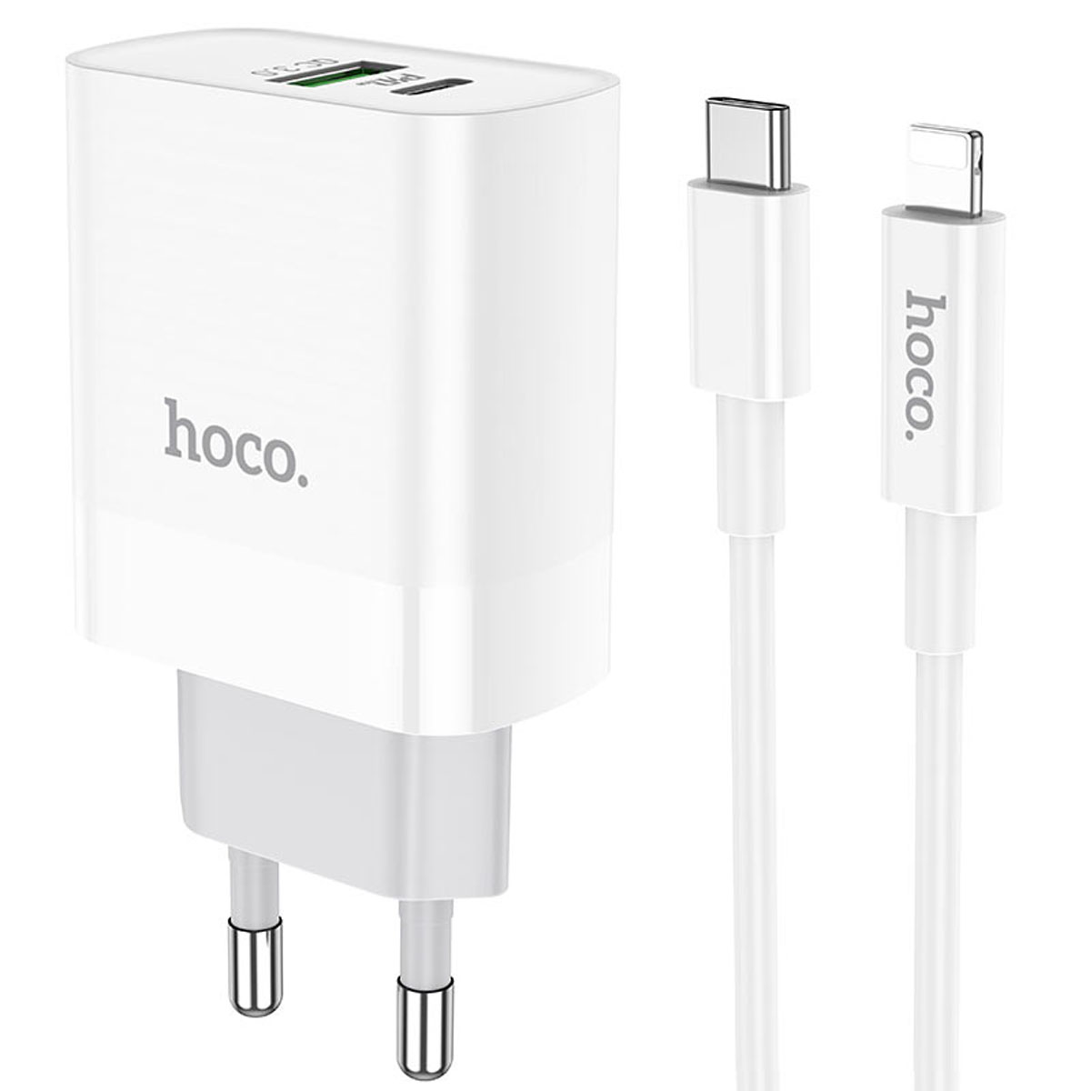 СЗУ (Сетевое зарядное устройство) HOCO C80A Rapido с кабелем USB Type C на Lightning 8 pin, 20W, 1 USB Type C, 1 USB, QC3.0, PD20W, длина 1 метр, цвет белый