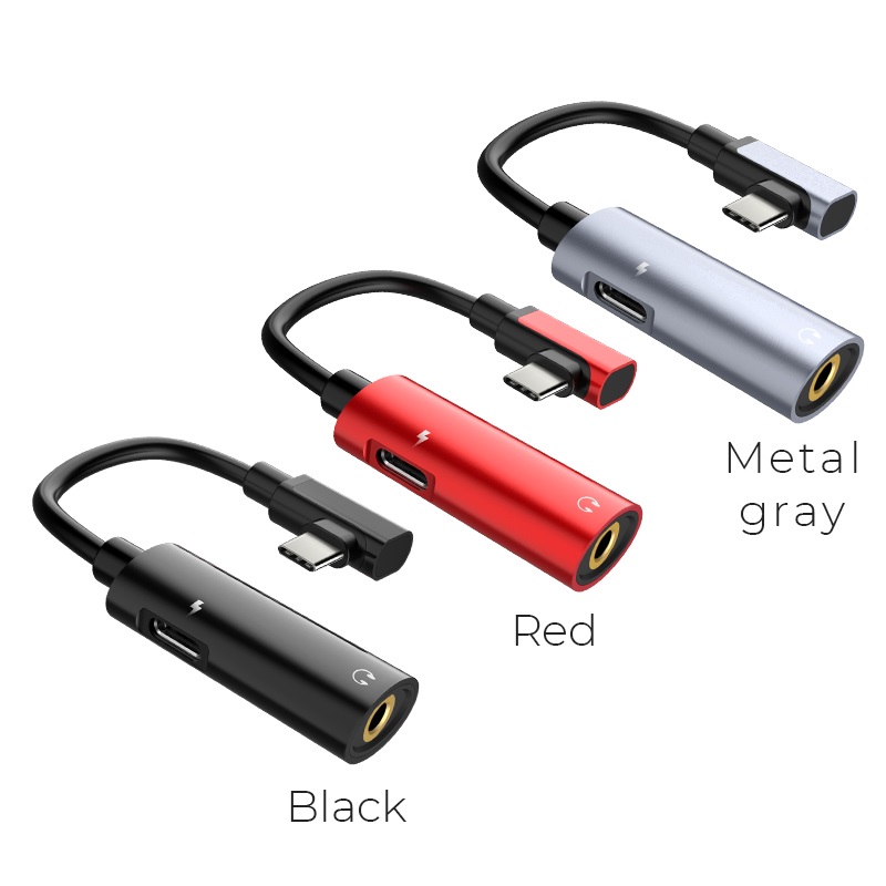HOCO LS19 адаптер / переходник, аудио конвертер 2 в 1 Type-C на наушники jack 3.5 и USB Type-C 1.5A, цвет красный.