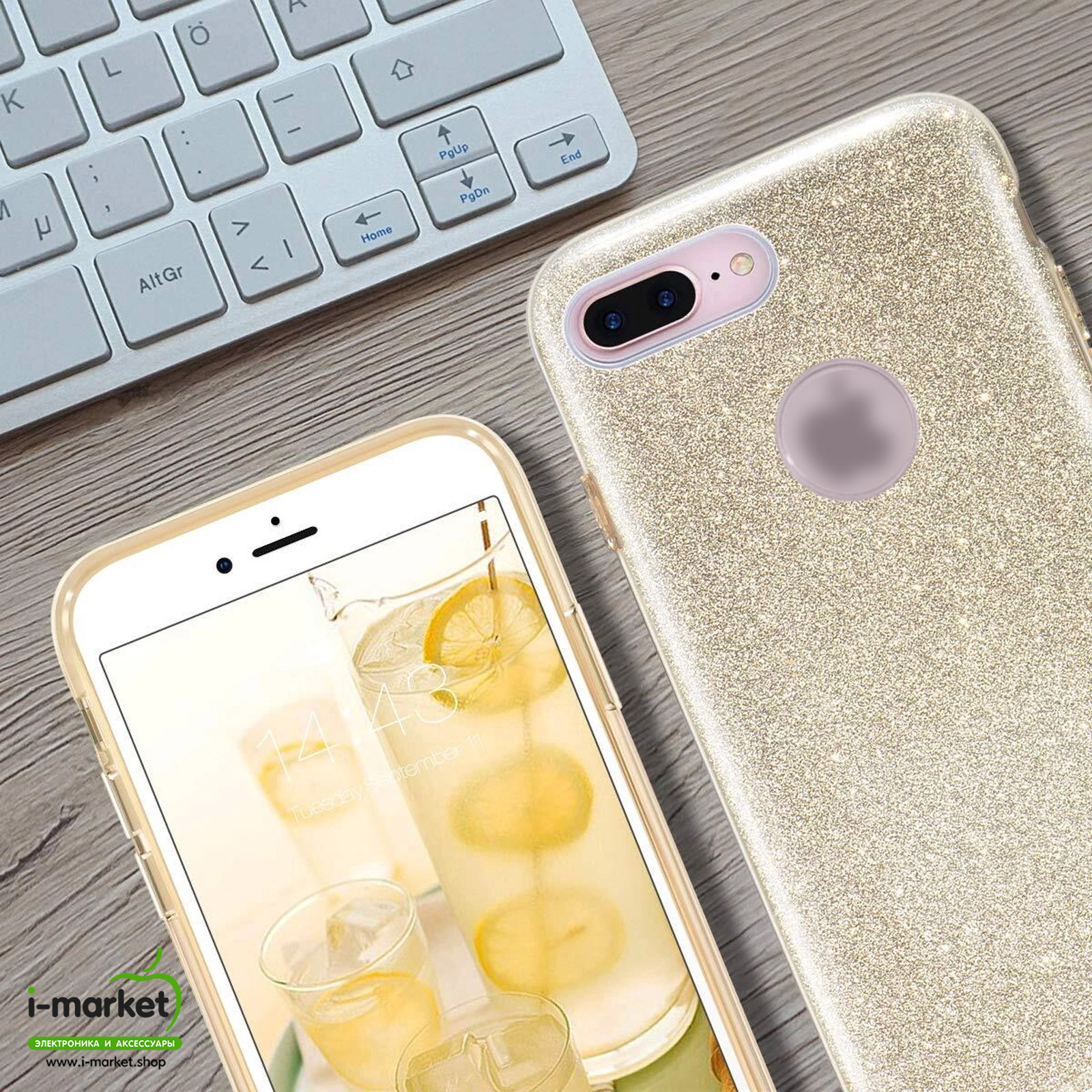 Чехол накладка Shine для APPLE iPhone 7 Plus, iPhone 8 Plus, силикон, блестки, цвет золотистый