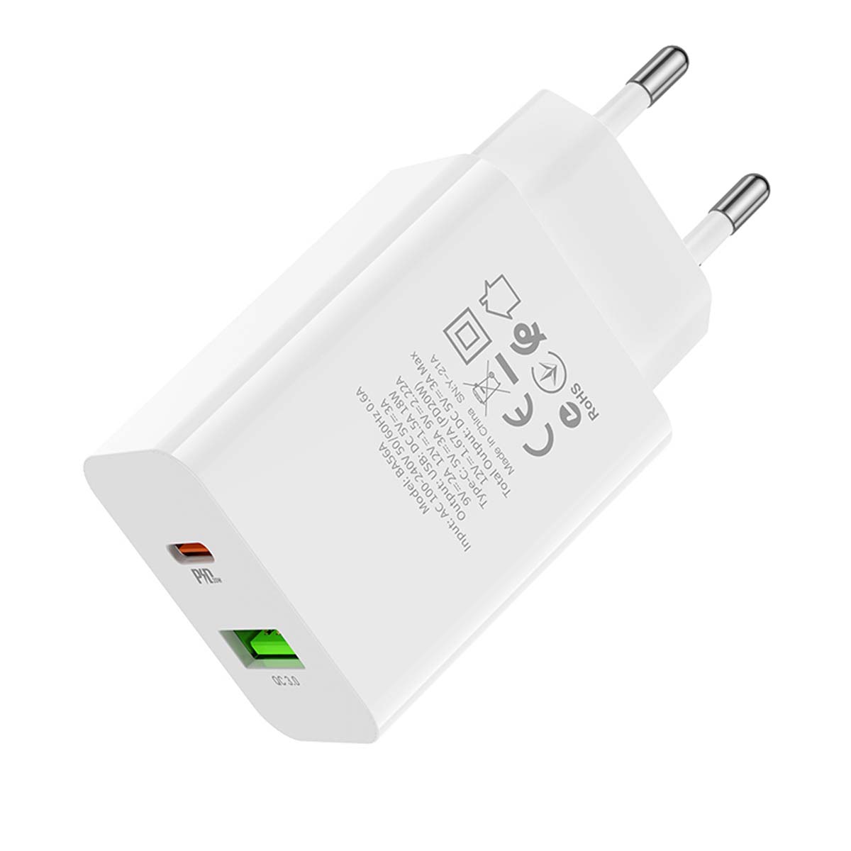 СЗУ (Сетевое зарядное устройство) BOROFONE BA56A, 20W, PD20W, QC3.0, 1 USB, 1 Type C, цвет белый