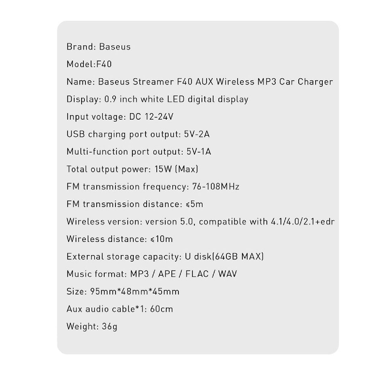 АЗУ (Автомобильное зарядное устройство) Baseus Streamer F40, AUX, Wireless MP3, Bluetooth аудио трансмиттер, цвет черный