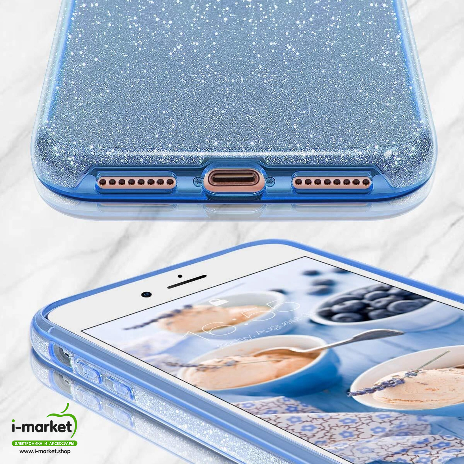 Чехол накладка Shine для APPLE iPhone 7 Plus, iPhone 8 Plus, силикон, блестки, цвет голубой