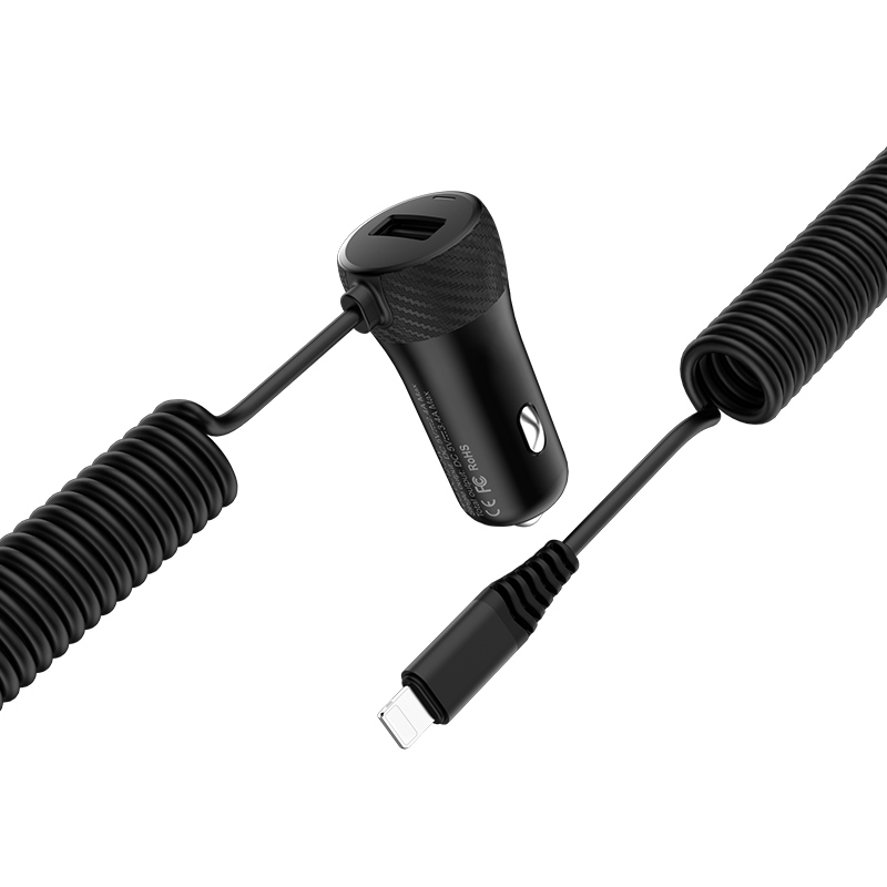 HOCO Z21A АЗУ (Автомобильное зарядное устройство) с одним USB портом и со встроенным кабелем APPLE lightning 8 pin (1USB, 2.4A), цвет черный.