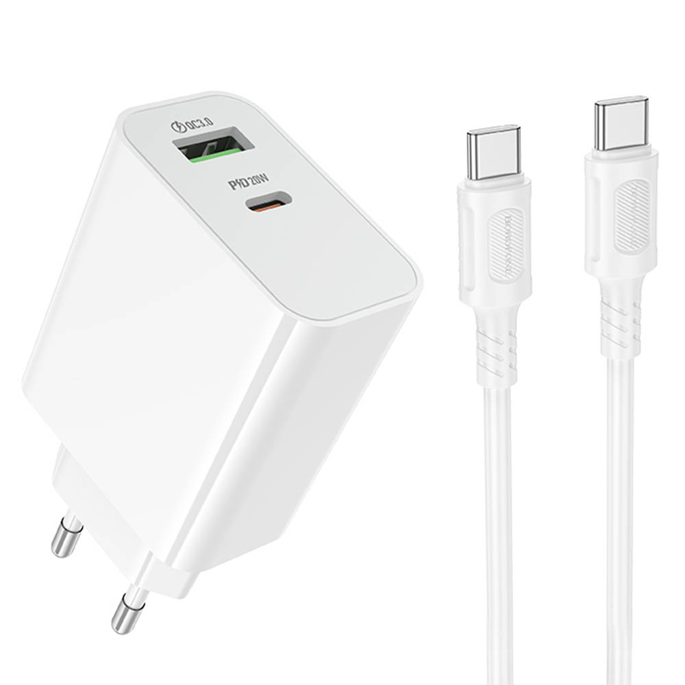 СЗУ (Сетевое зарядное устройство) c кабелем Type C на Type C BOROFONE BA106A Stellar, 20W, 1 USB A 18W, 1 USB Type C 20W, PD20W, QC3.0, цвет белый
