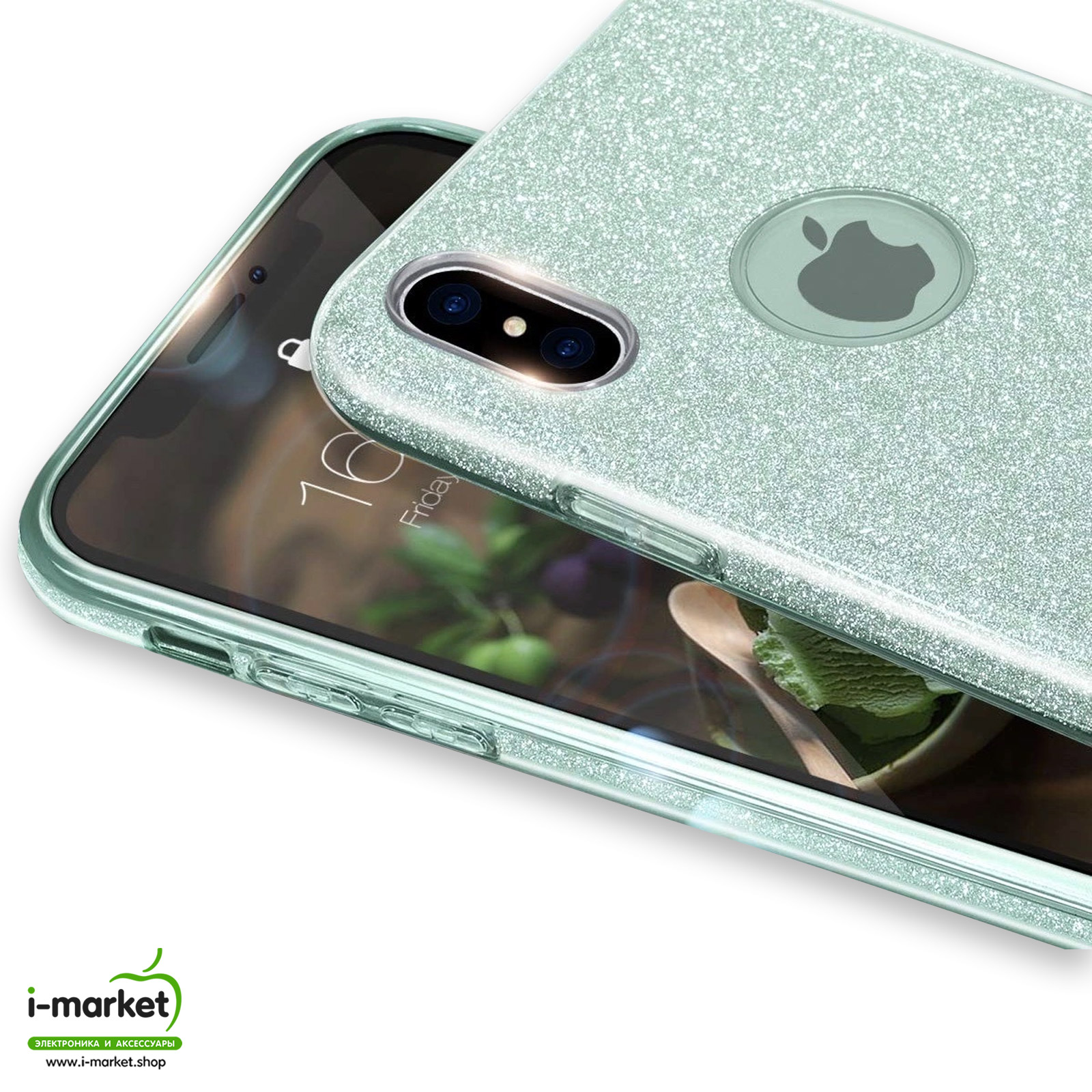 Чехол накладка Shine для APPLE iPhone X, iPhone XS, силикон, блестки, цвет бирюзовый