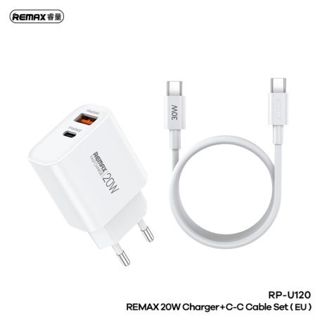 СЗУ (Сетевое зарядное устройство) REMAX RP-U120 20W, 1 USB, 1 USB-C (Type C), с кабелем 30W Type-C на Type-C, длина 1 метр, цвет белый