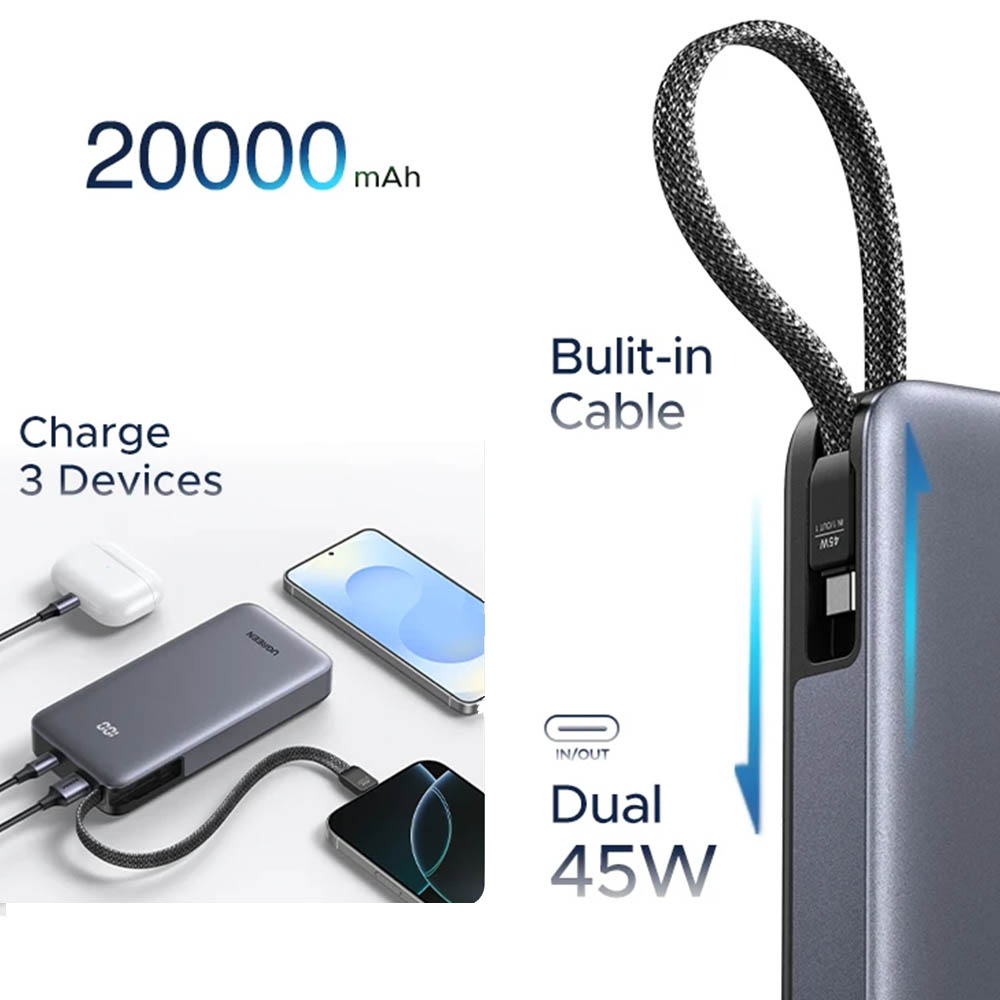 Внешний портативный аккумулятор, Power Bank UGREEN PB536, 20000 mAh, 22.5W, PD45W, LED дисплей, цвет космически серый
