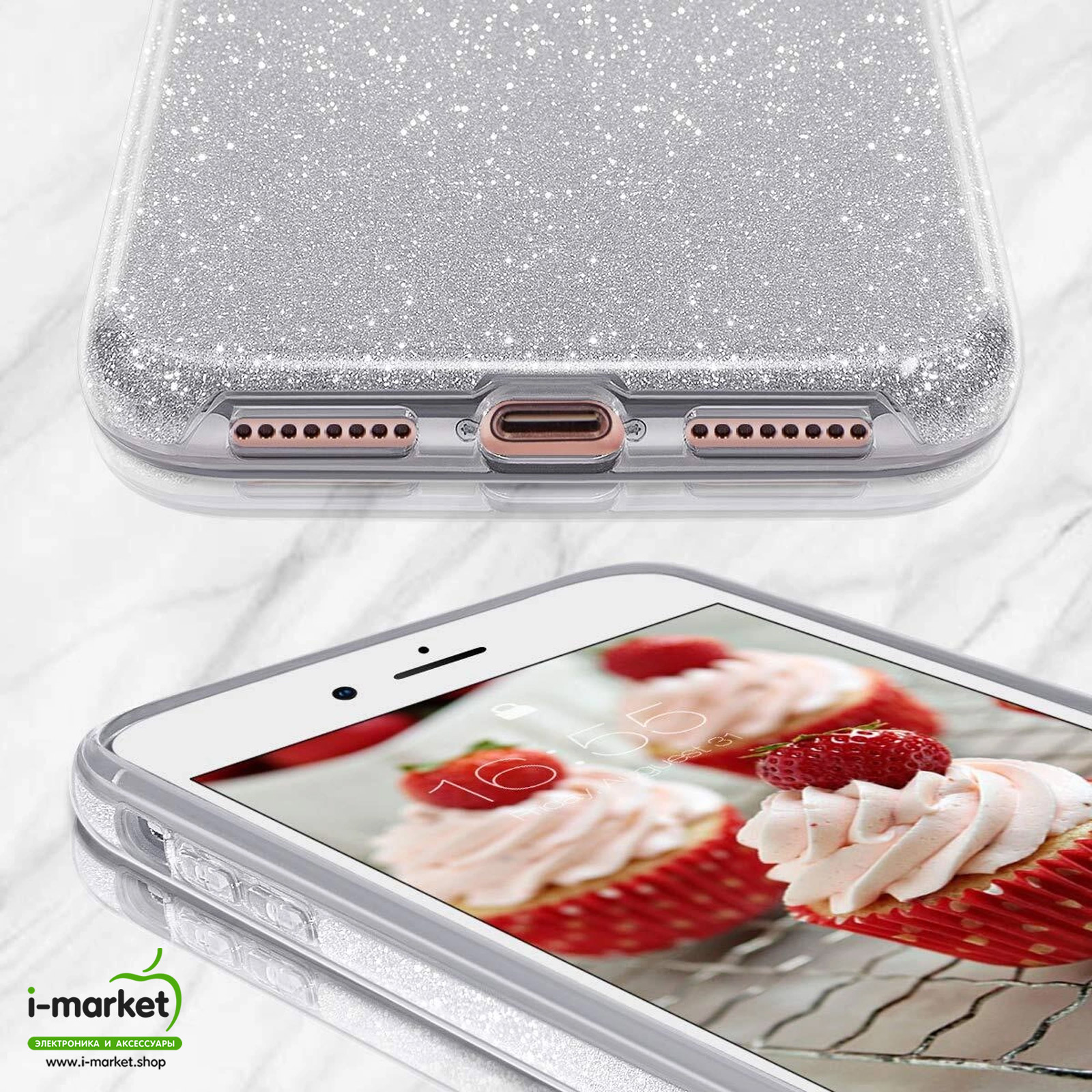 Чехол накладка Shine для APPLE iPhone 7 Plus, iPhone 8 Plus, силикон, блестки, цвет серебристый