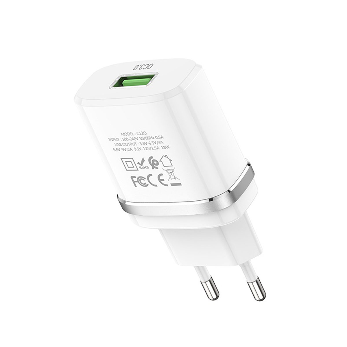 HOCO C12Q Smart CЗУ (Сетевое зарядное устройство) QC3.0, 1 USB, c кабелем Micro USB, цвет белый.