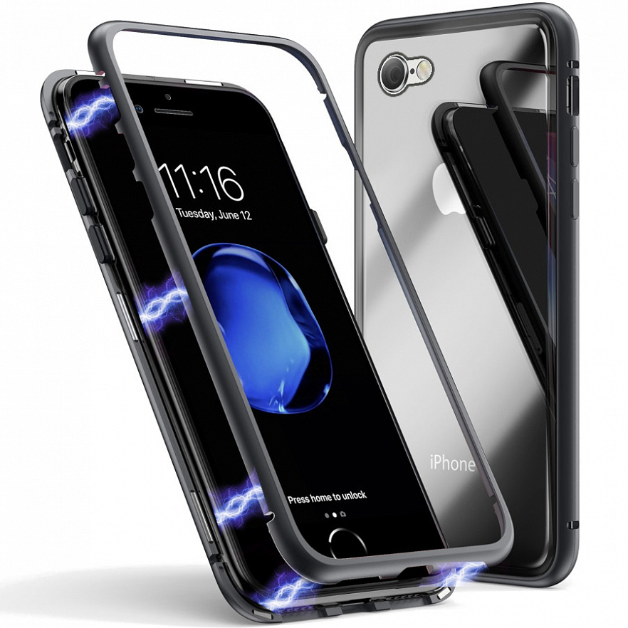 Чехол магнитный для APPLE iPhone 7, 8, металл, стекло, цвет черно прозрачный.