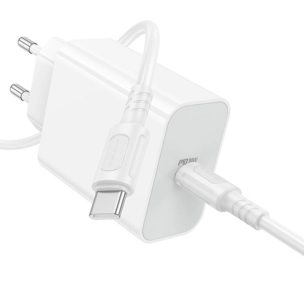 СЗУ (Сетевое зарядное устройство) BOROFONE BA107A с кабелем Type-C - Type-C, 30W, 1 USB Type C, PD30W, QC3.0, длина 1 метр, цвет белый