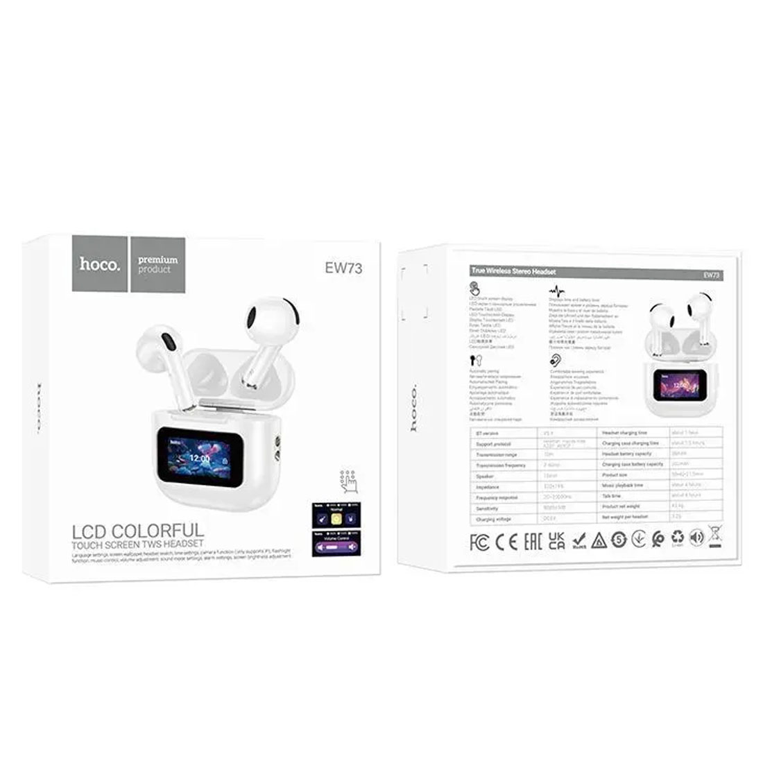 Гарнитура (наушники с микрофоном) беспроводная, HOCO EW73 Randy, сенсорный дисплей, цвет белый