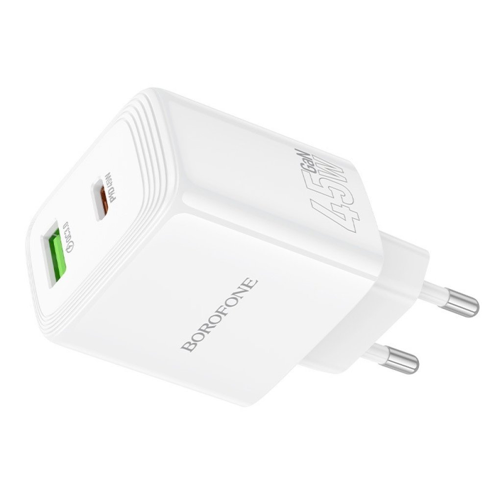 СЗУ (Сетевое зарядное устройство) BOROFONE BN30, GaN, 45W USB-C PD, 18W USB-A, PD/QC/FCC/AFC, цвет белый